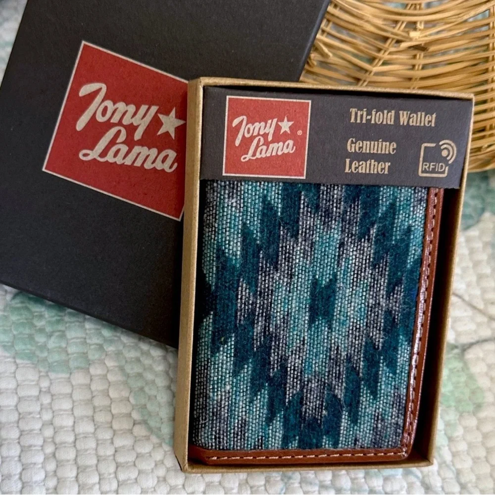 New Tony Lama Tri-Fold Wallet RFID Blue Aztec Canvas Leather Cowboy Western